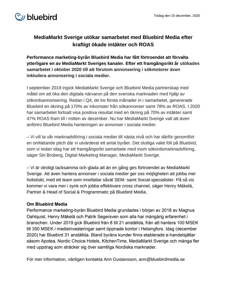 MediaMarkt Sverige utökar samarbetet med Bluebird Media efter kraftigt ökade intäkter och ROAS