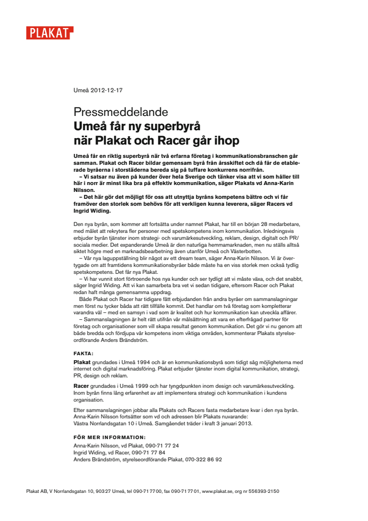 Umeå får ny superbyrå när Plakat och Racer går ihop 