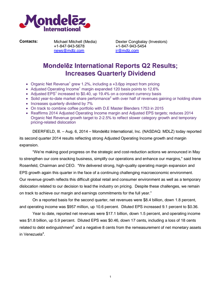 Mondelēz International Reports Q2 Results; Increases Quarterly Dividend