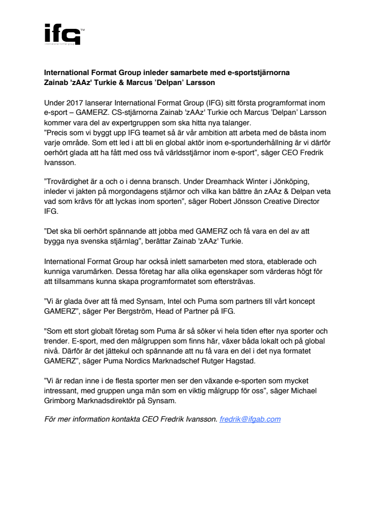International Format Group inleder samarbete med e-sportstjärnorna Zainab 'zAAz' Turkie & Marcus ’Delpan’ Larsson