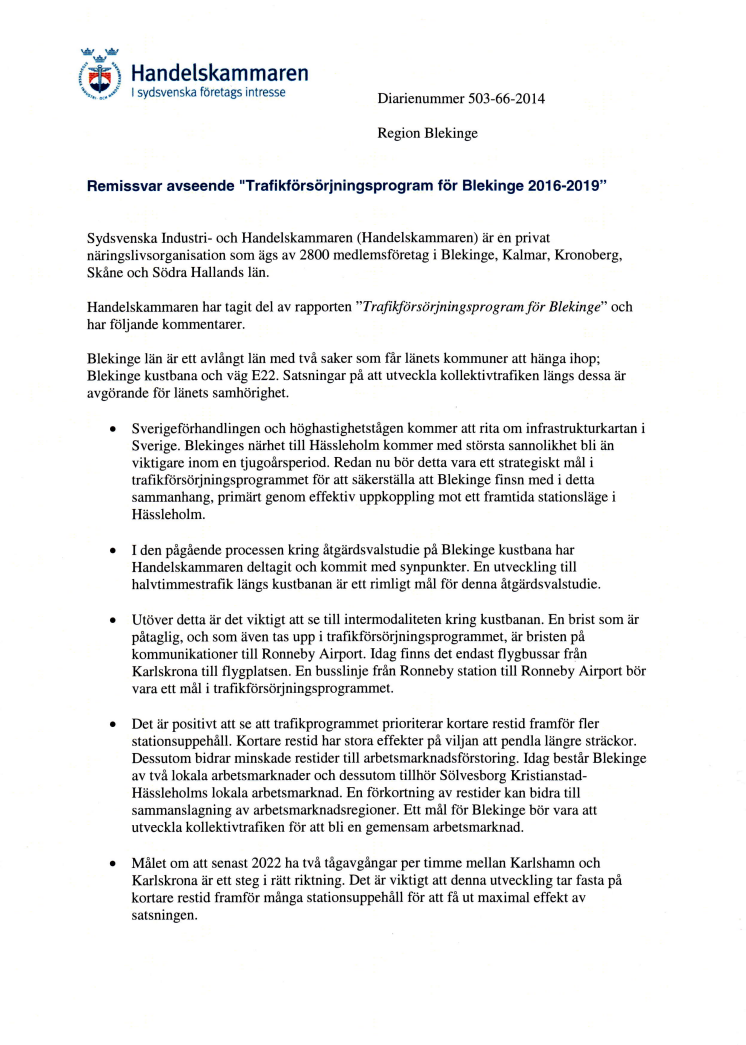 Remissvar Trafikförsörjningsprogram för Blekinge 2016-2019