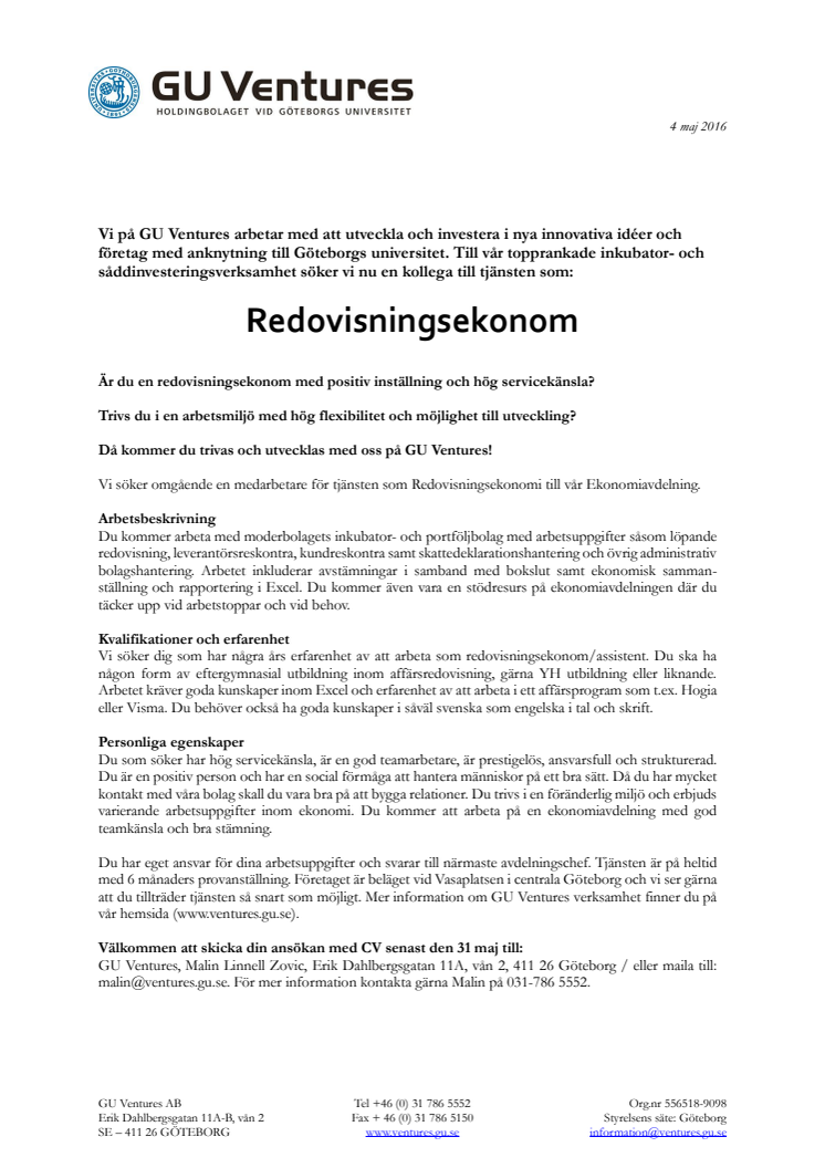 GU Ventures söker ny medarbetare: Redovisningsekonom
