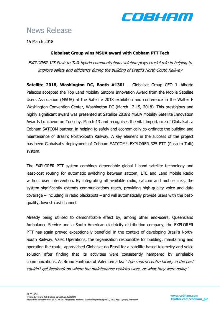 Globalsat Group wins MSUA award with Cobham PTT Tech