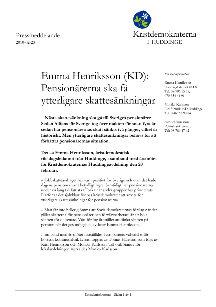 Emma Henriksson (KD): Pensionärerna ska få ytterligare skattesänkningar