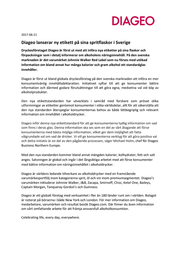 Diageo lanserar ny etikett på sina spritflaskor i Sverige