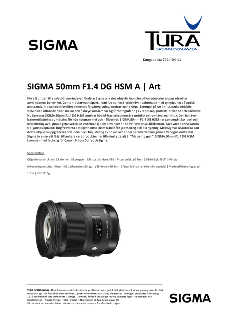 SIGMA 50mm F1.4 DG HSM A | Art