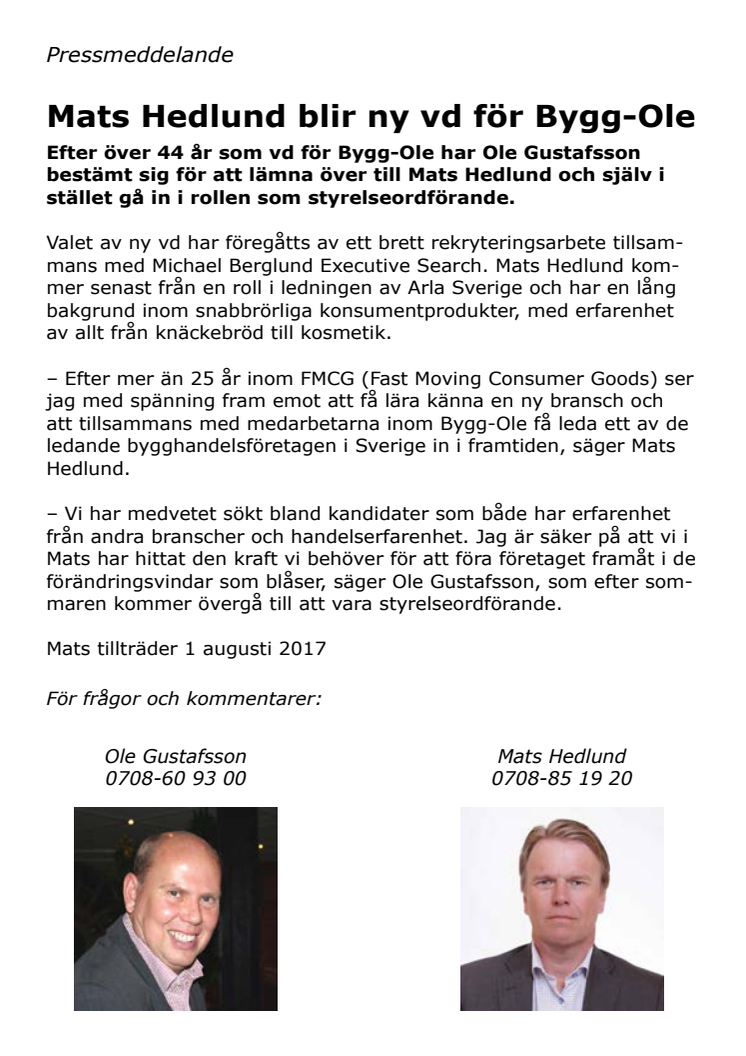 Mats Hedlund blir ny vd för Bygg-Ole