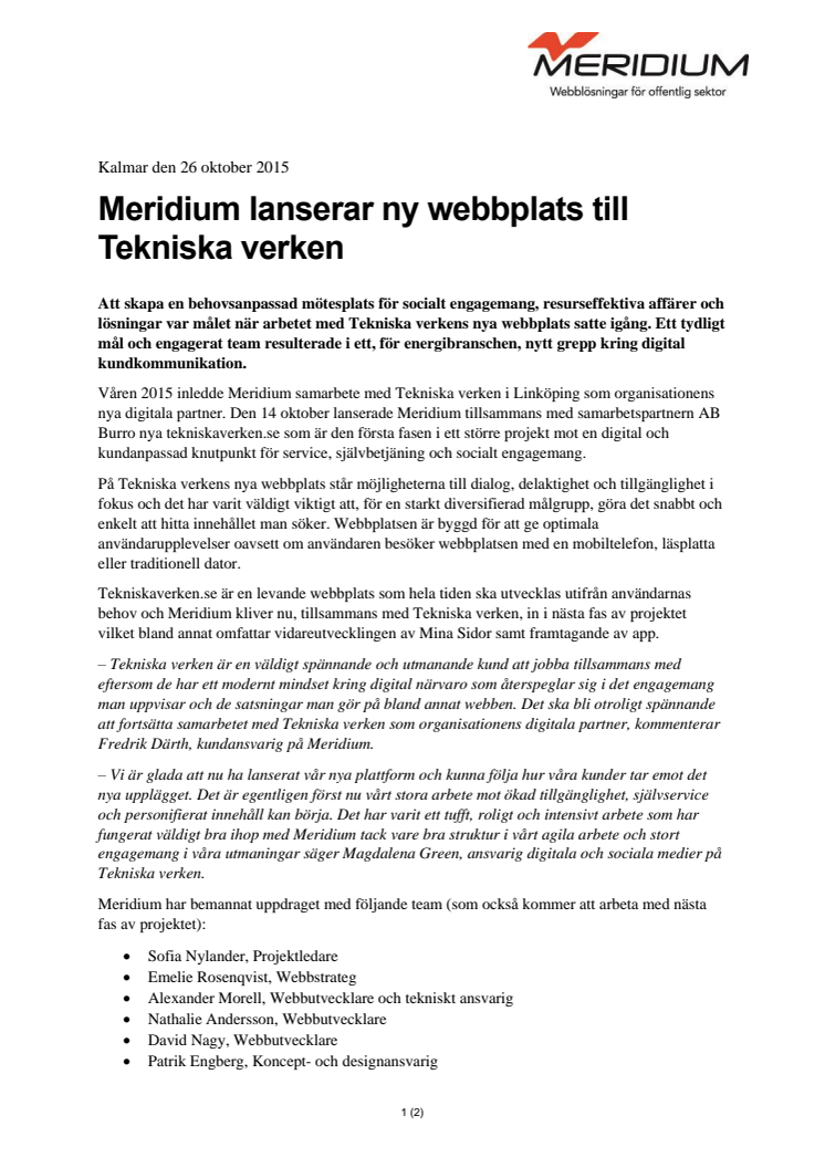 Meridium lanserar ny webbplats till Tekniska verken