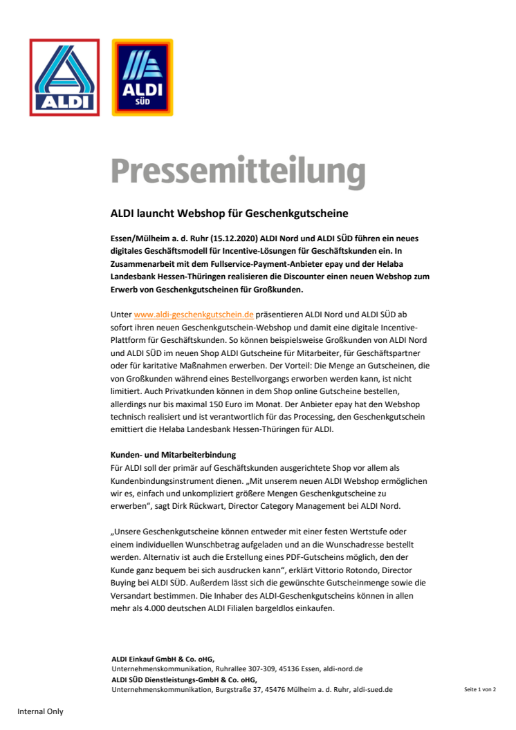 Digitales Geschäftsmodell für Incentive-Lösungen des Handels für Geschäftskunden: Der neue ALDI Webshop für Geschenkgutscheine