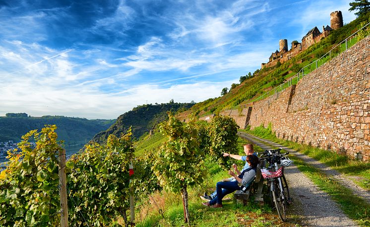 Mayen-Koblenz_Burg_Thurant_in_Akenau_an_der_Mosel;_Rast_im_Weinberg