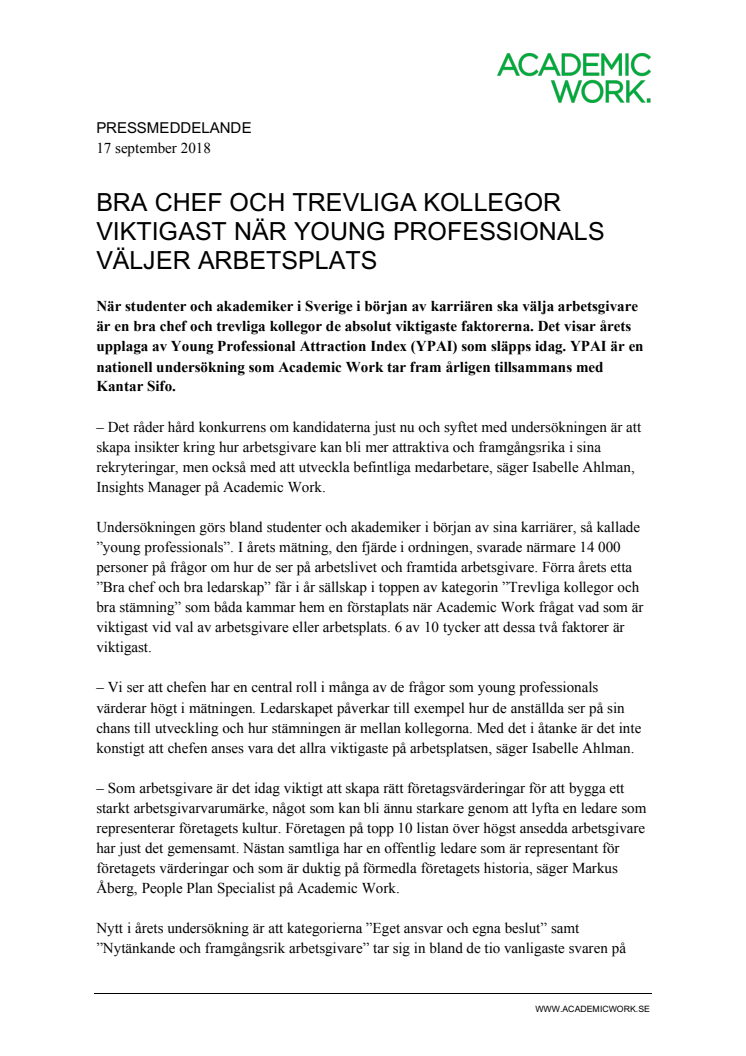 Bra chef och trevliga kollegor viktigast när young professionals väljer arbetsplats