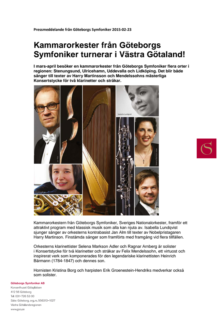 Kammarorkester från Göteborgs Symfoniker turnerar i Västra Götaland!
