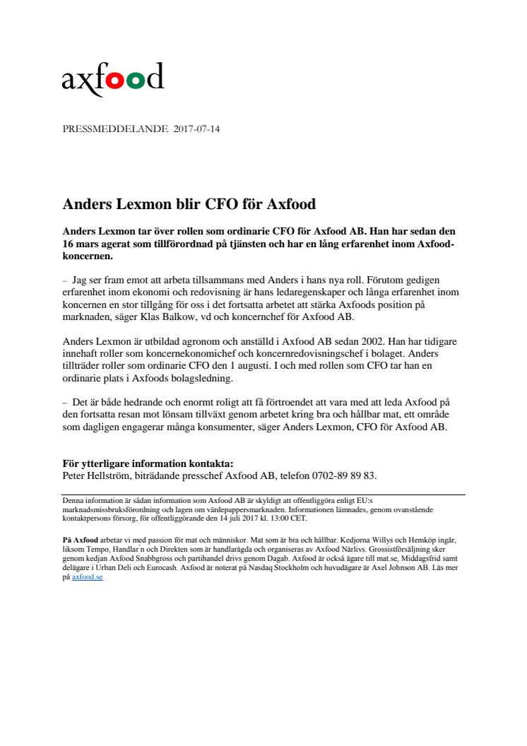 Anders Lexmon blir CFO för Axfood