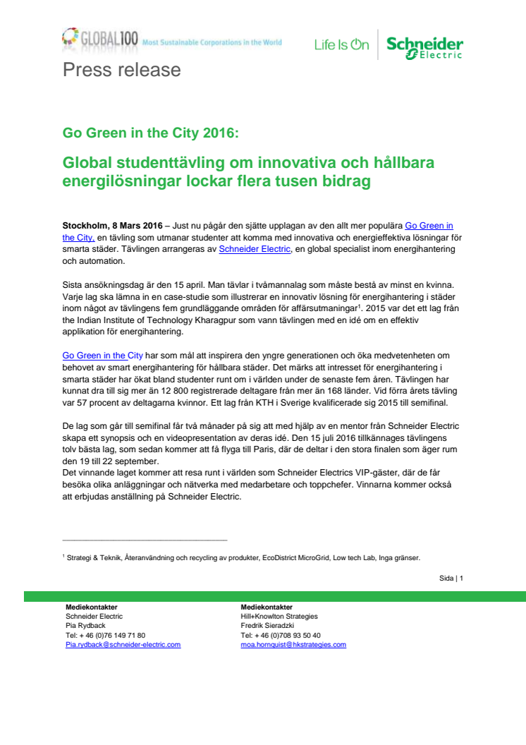 Go Green in the City 2016:   Global studenttävling om innovativa och hållbara energilösningar lockar flera tusen bidrag  