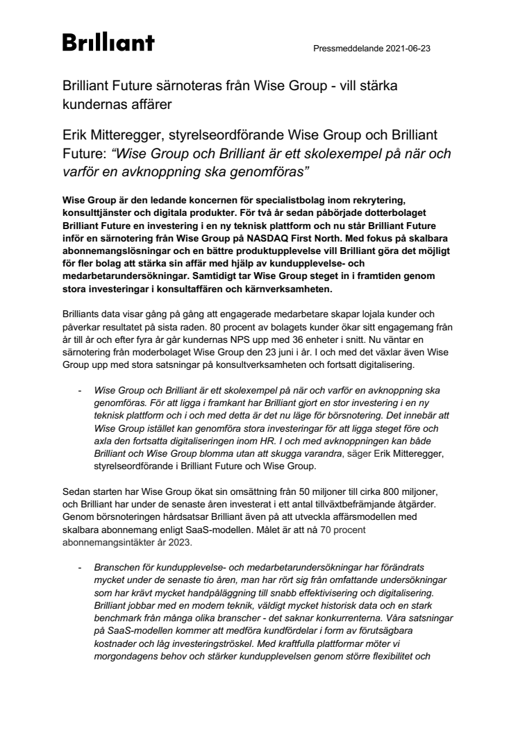 Pressmeddelande_Brilliant Future särnoteras från Wise Group - vill stärka kundernas affärer