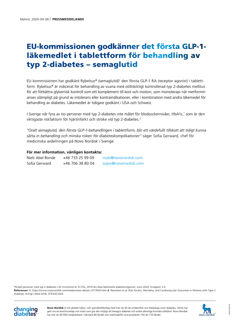 EU-kommissionen godkänner det första GLP-1- läkemedlet i tablettform för behandling av typ 2-diabetes – semaglutid