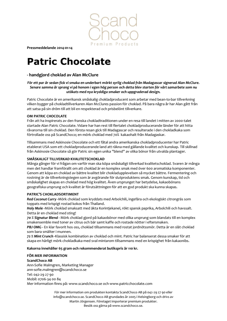 Nylansering av Patric Chocolate från ScandChoco 