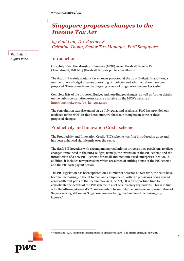 Singapore proposes changes to the Income Tax Act