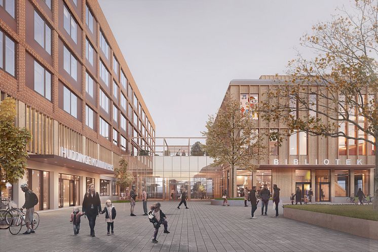 03. White Arkitekter. Visionsbild som visar hur det nya kommunhuset och biblioteket kan komma att se ut.