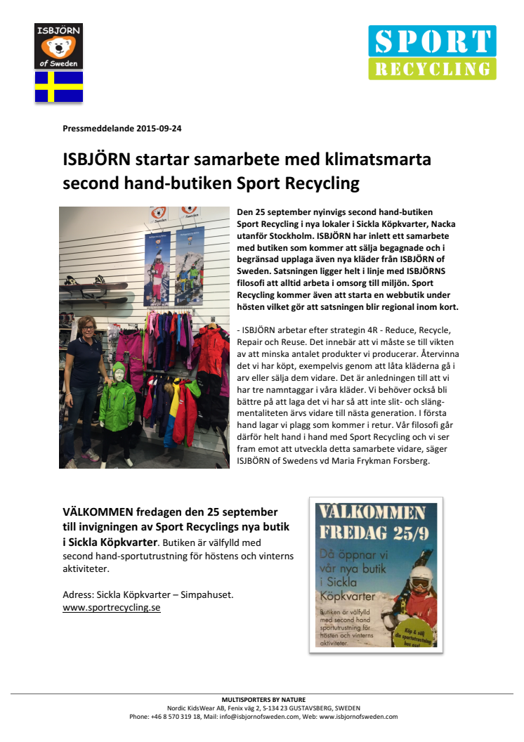 ISBJÖRN startar samarbete med klimatsmarta second hand-butiken Sport Recycling