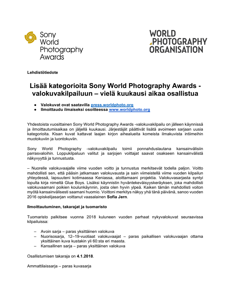 Lisää kategorioita Sony World Photography Awards -valokuvakilpailuun – vielä kuukausi aikaa osallistua