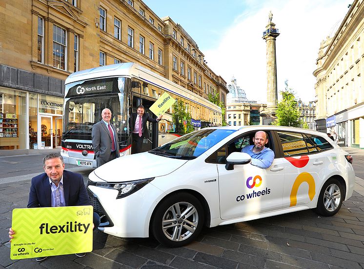 (L-R) Richard Falconer, managing director of Co-Wheels; Cllr Ged Bell; Martijn Gilbert, managing director of Go North East; Jamie Driscoll, North of Tyne Mayor.jpg