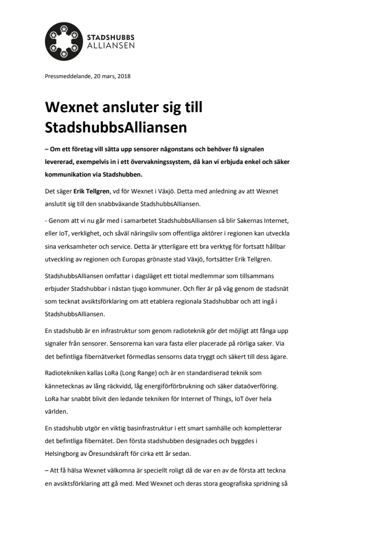 Wexnet ansluter sig till StadshubbsAlliansen