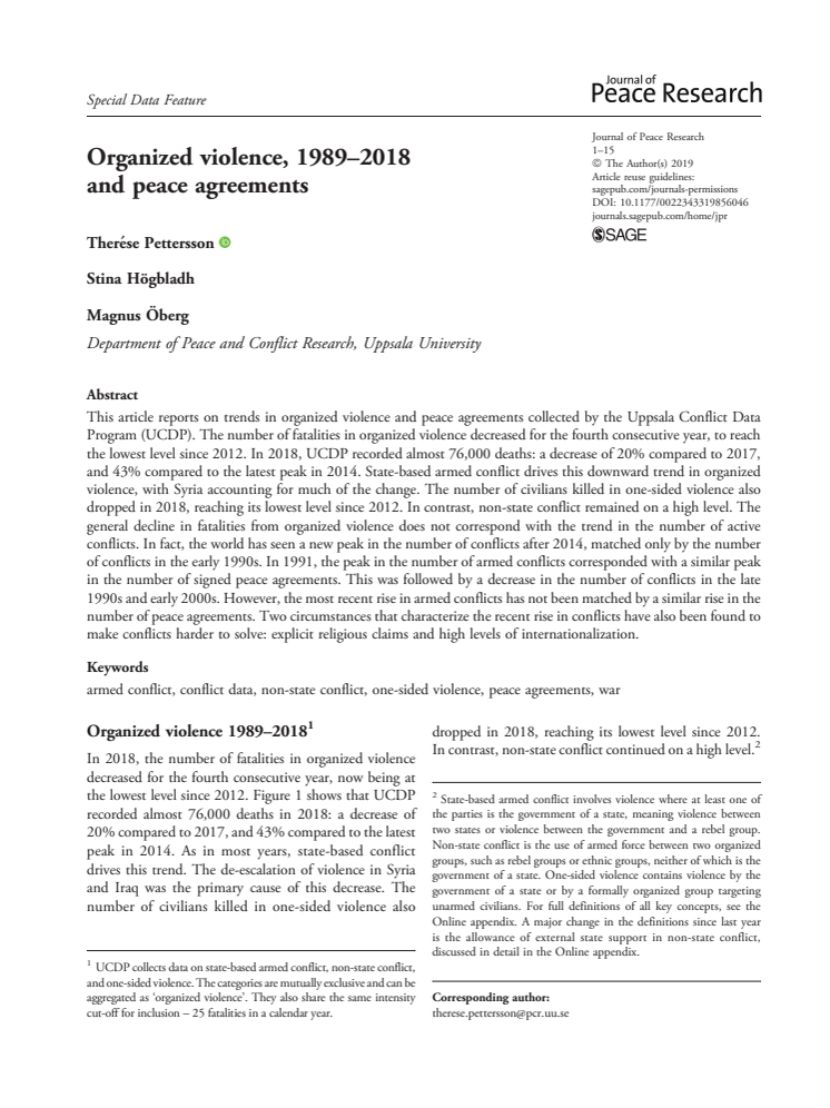 Organized violence, 1989–2018 and peace agreements