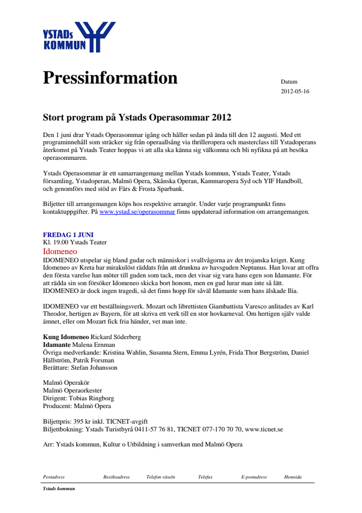 Stort program på Ystads Operasommar 2012 