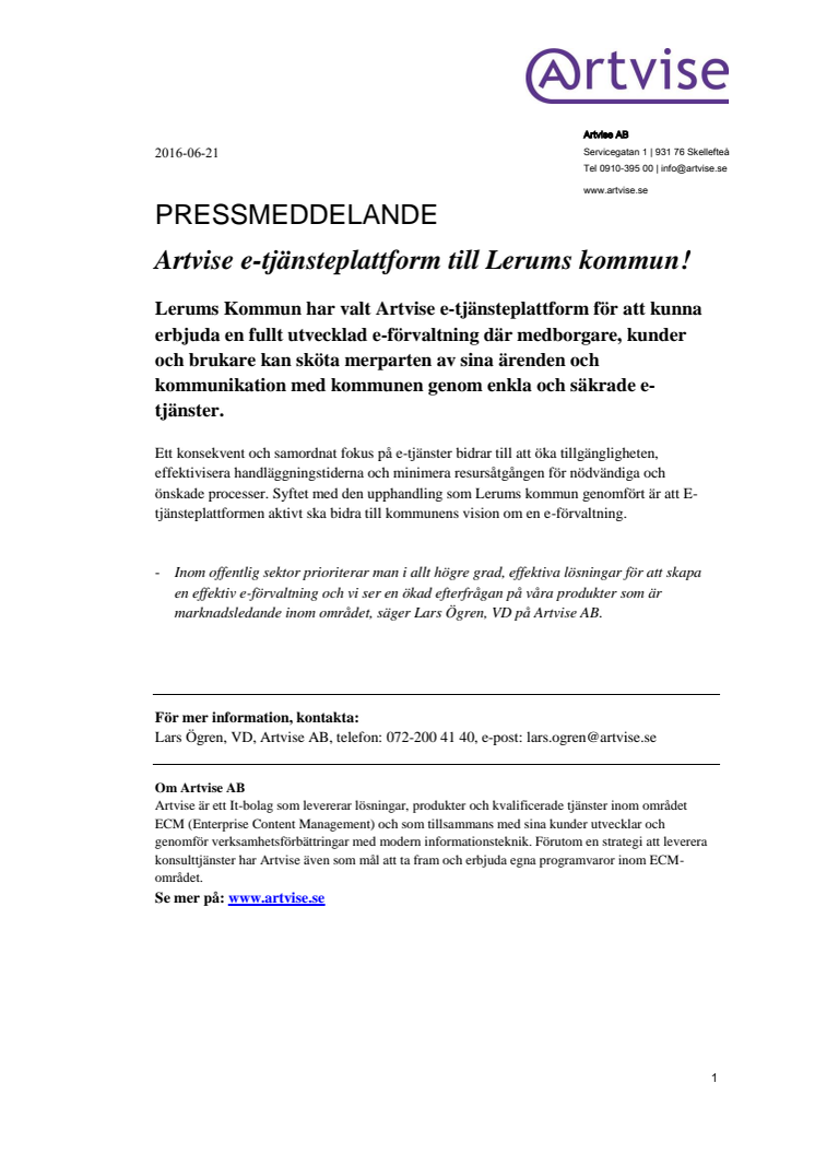 Artvise e-tjänsteplattform till Lerums kommun!