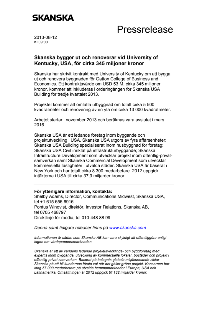 Skanska bygger ut och renoverar vid University of Kentucky, USA, för cirka 345 miljoner kronor 