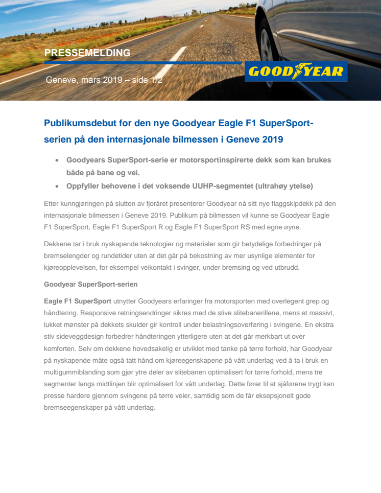 Publikumsdebut for den nye Goodyear Eagle F1 SuperSport-serien på den internasjonale bilmessen i Geneve 2019