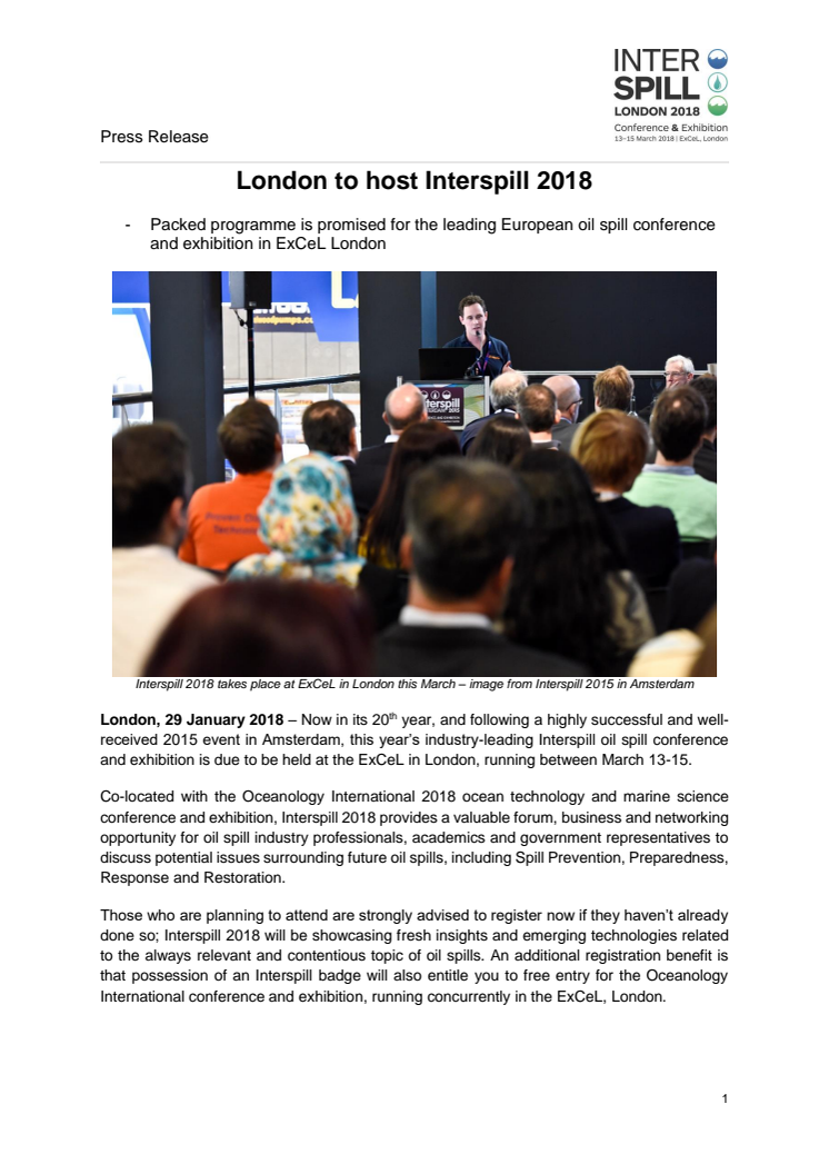 Interspill 2018: London to host Interspill 2018