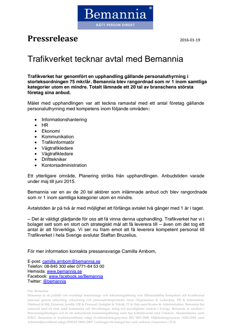 Trafikverket tecknar avtal med Bemannia 