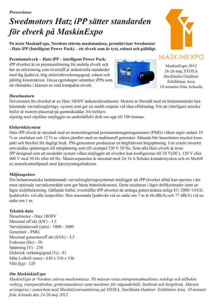 Swedmotors Hatz iPP sätter standarden för elverk på MaskinExpo