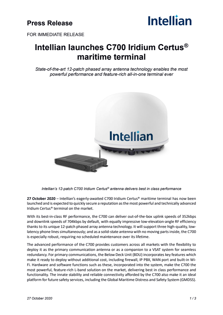 Intellian launches C700 Iridium Certus® maritime terminal