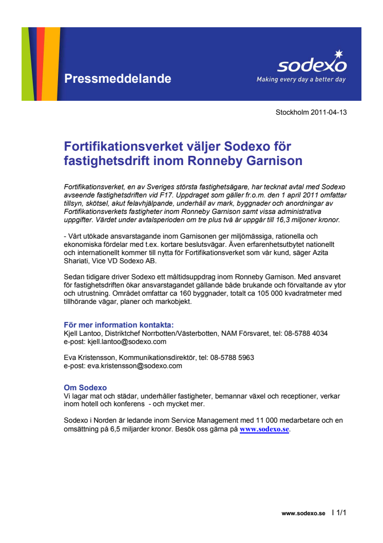 Fortifikationsverket väljer Sodexo för fastighetsdrift inom Ronneby Garnison