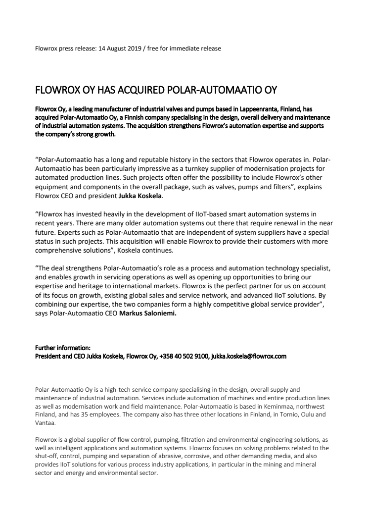   Flowrox Oy Acquires Polar-Automaatio Oy