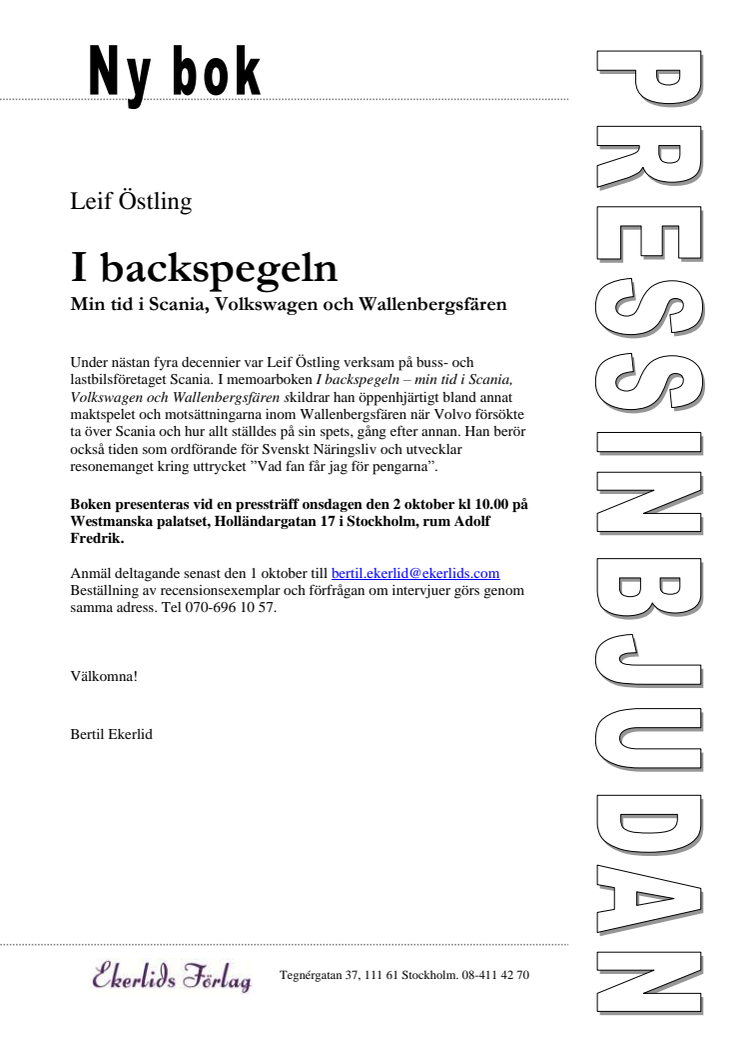 Inbjudan till presentation av Leif Östlings memoarbok I backspegeln