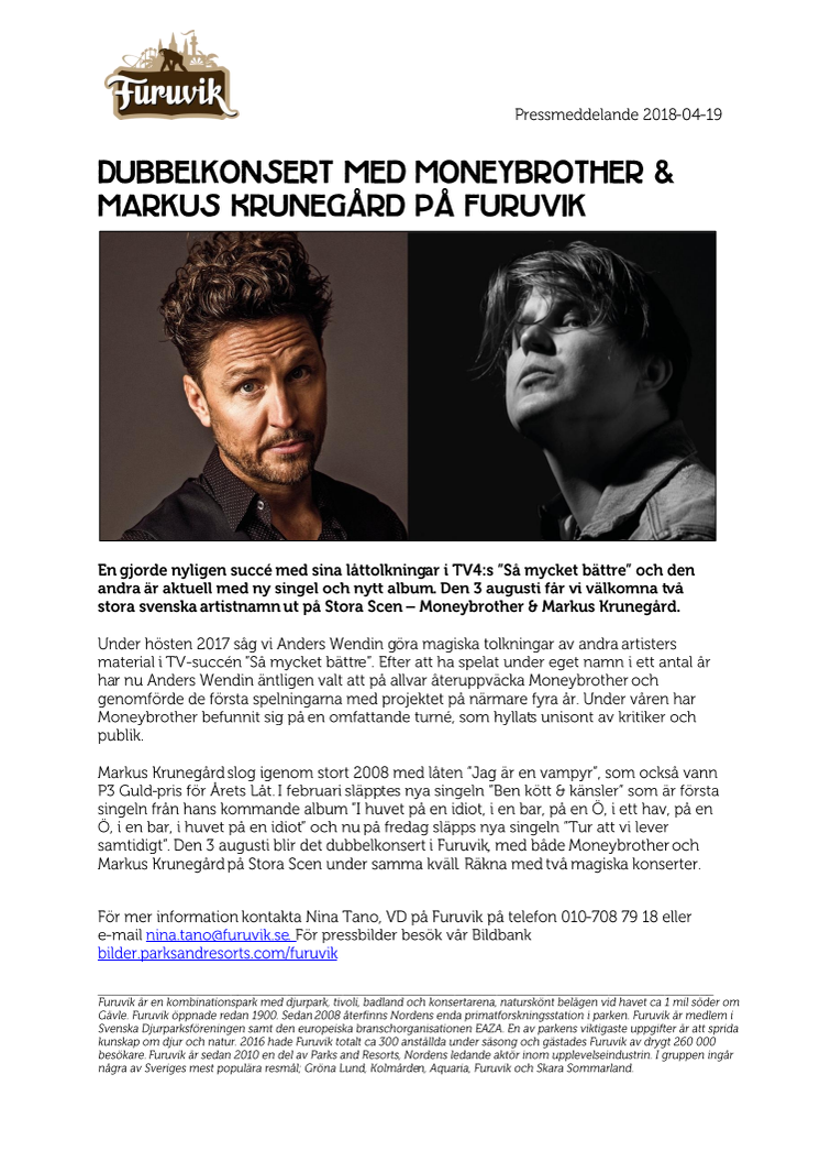 Dubbelkonsert med Moneybrother & Markus Krunegård på Furuvik