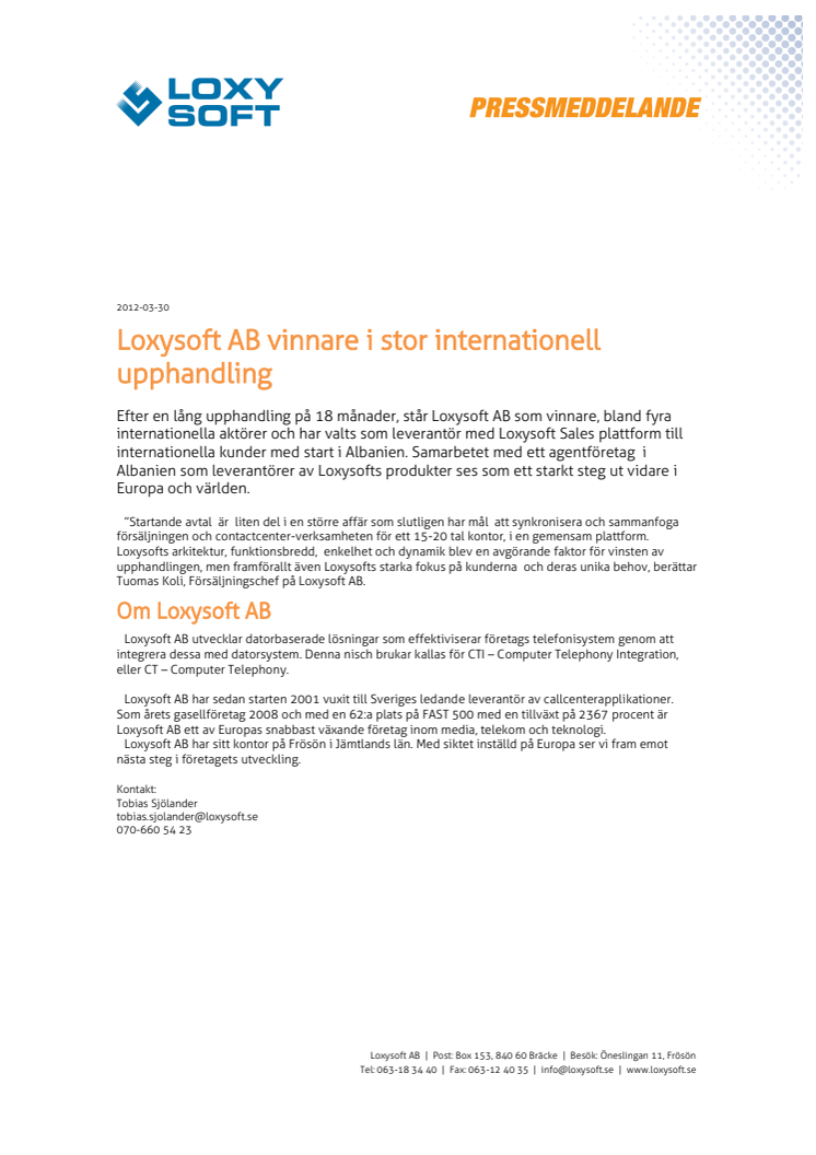 Loxysoft AB vinnare i stor internationell upphandling