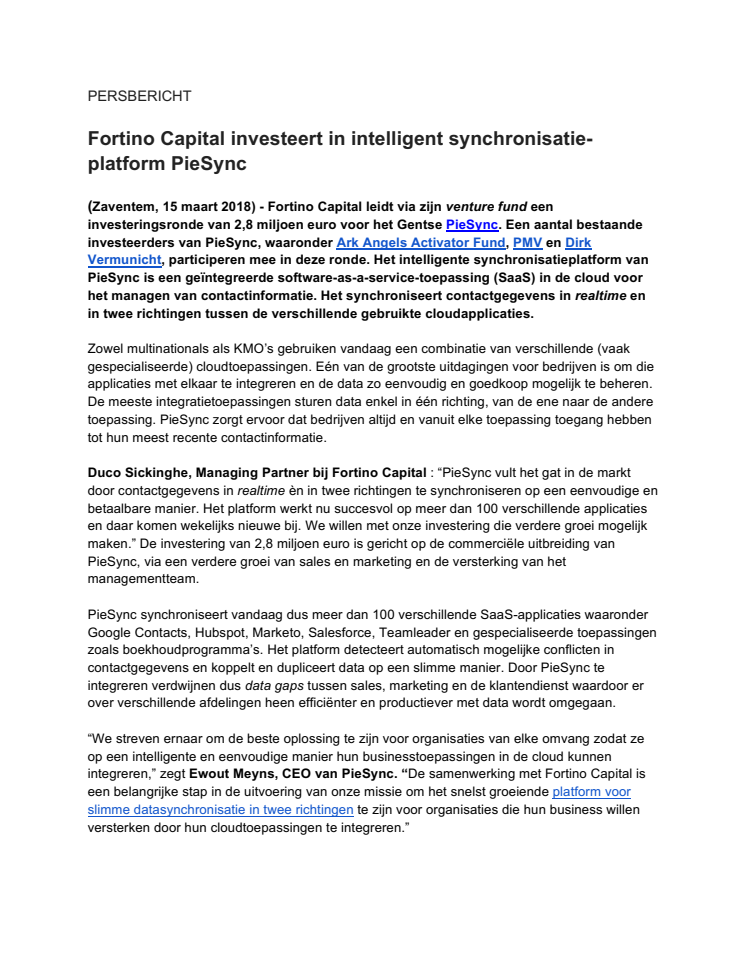 Fortino Capital investeert in intelligent synchronisatie-platform PieSync