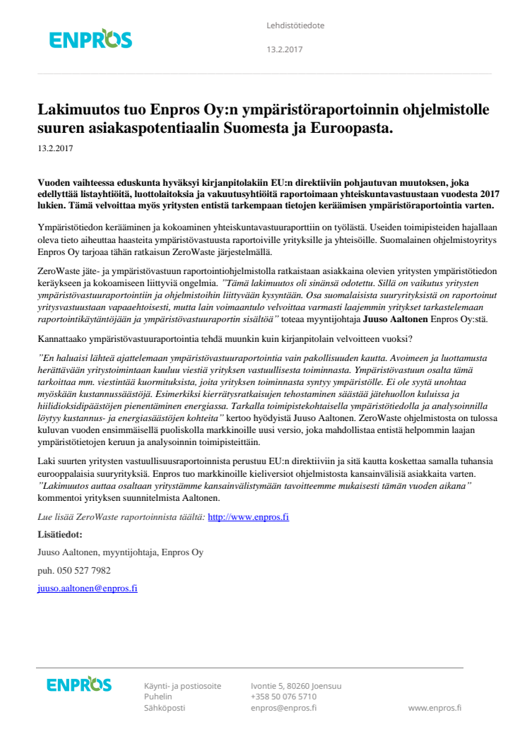 Lakimuutos tuo Enpros Oy:n ympäristöraportoinnin ohjelmistolle suuren asiakaspotentiaalin Suomesta ja Euroopasta
