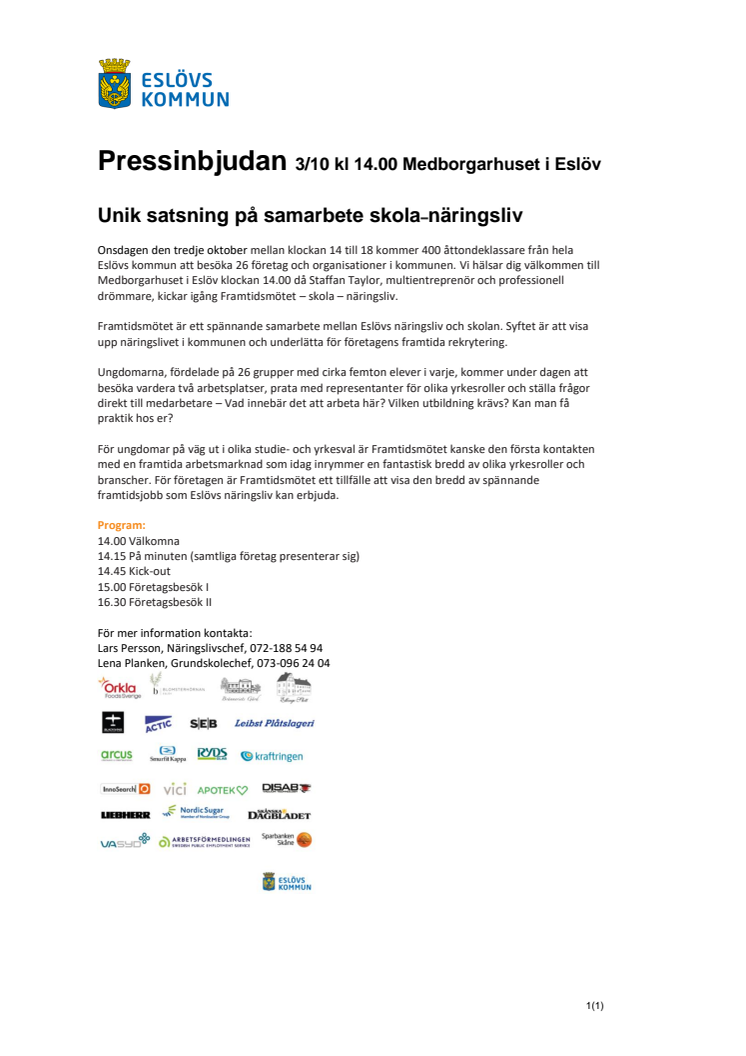 Pressinbjudan 3/10 kl 14.00 Medborgarhuset i Eslöv: Unik satsning på samarbete skola–näringsliv