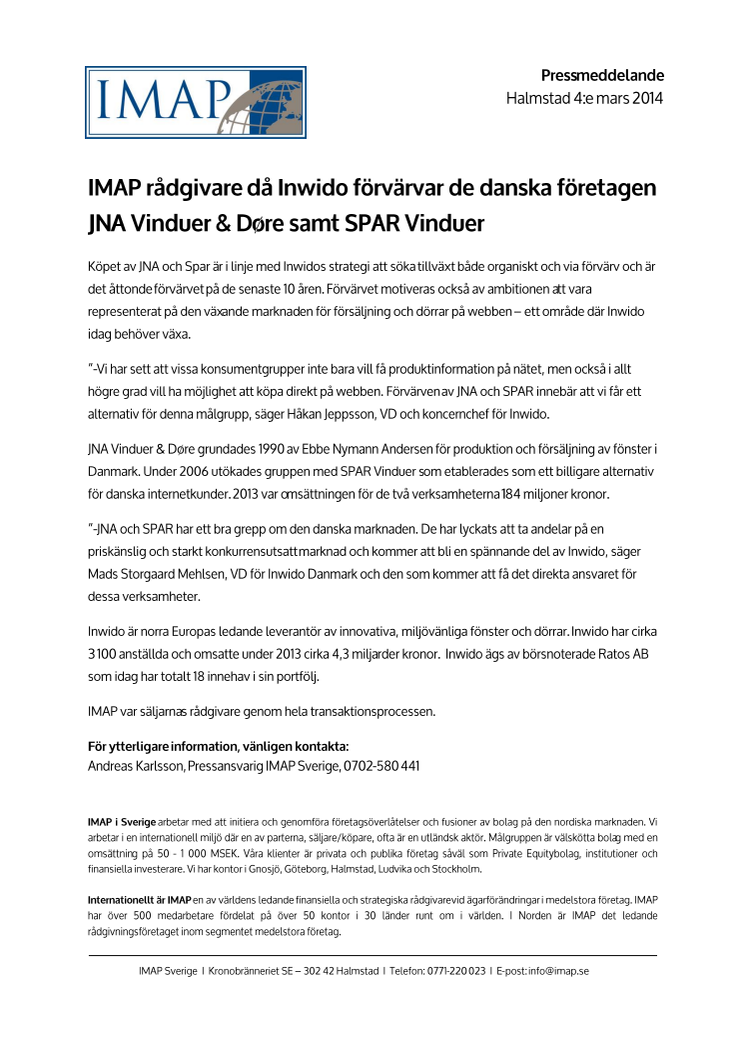 IMAP rådgivare då Inwido förvärvar de danska företagen JNA Vinduer & Døre samt SPAR Vinduer