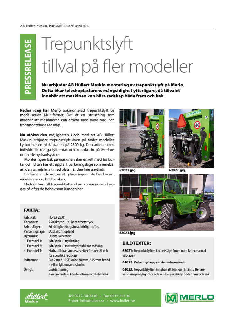 Trepunktslyft tillval  på fler modeller