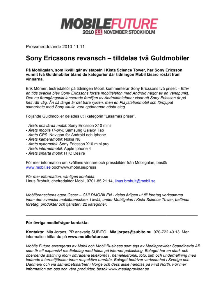 Sony Ericssons revansch – tilldelas två Guldmobiler