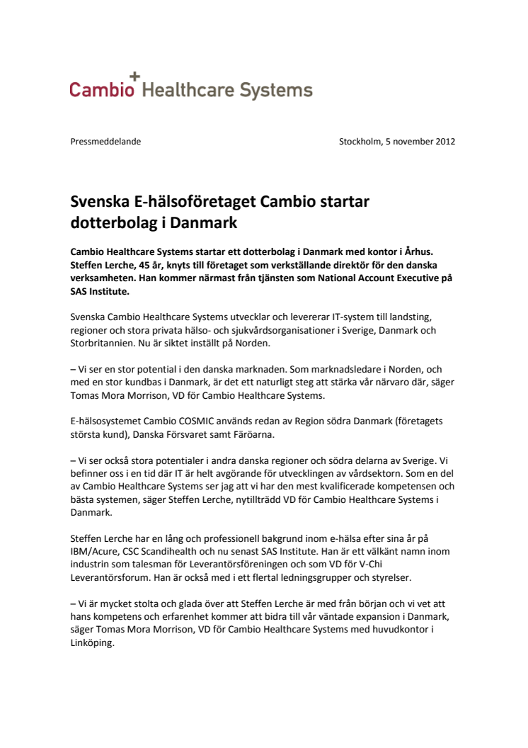 Svenska E-hälsoföretaget Cambio startar dotterbolag i Danmark