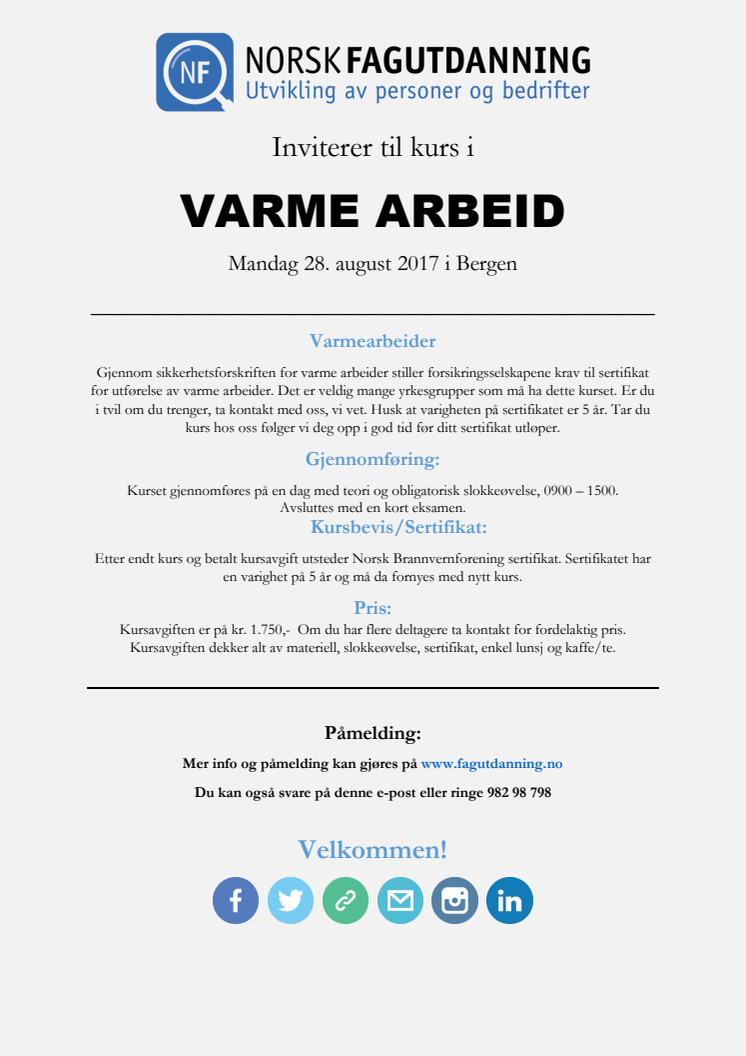 Invitasjon til Varmearbeide kurs 28 august 2017 i Bergen