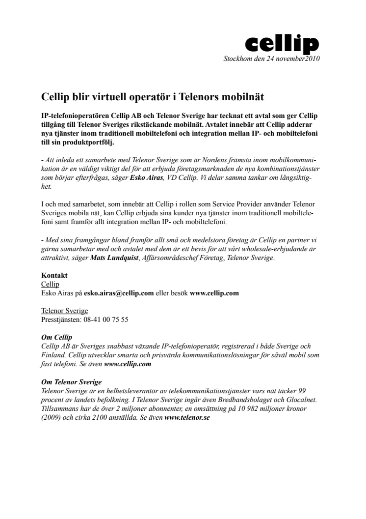 Cellip blir virtuell operatör i Telenors mobilnät